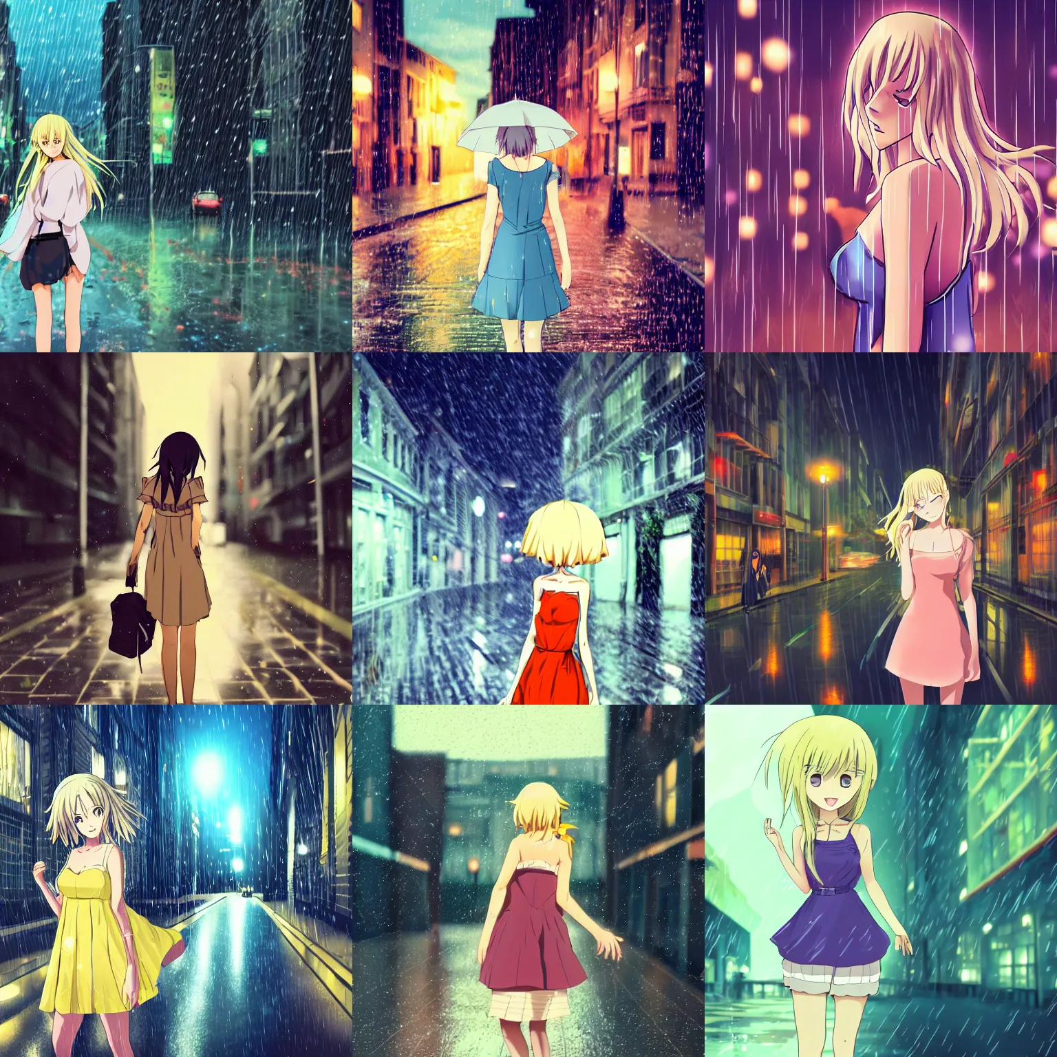 Prompt: high quality anime-style image of a woman in her 20s wearing a summer dress, light blonde shoulder-length hair, background: rainy urban streets at night