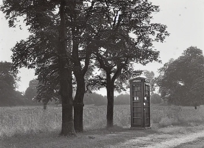Prompt: photo of a metropolitan police box partially obscured by trees in rural london, police box, 1936, sepia