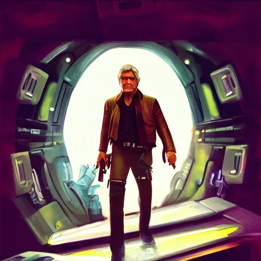 Image similar to harrison ford as han solo, colorful, contrast, 3 d scene, greg rutkowski, zabrocki, karlkka, jayison devadas, trending on artstation, 8 k, ultra wide angle, zenith view, pincushion lens effect