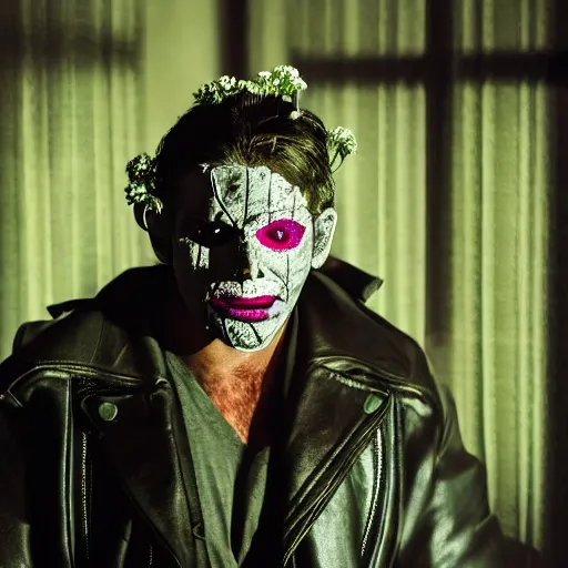 Image similar to portrait of Leather Face with flowers, cinematic light, cinematic atmosphere
