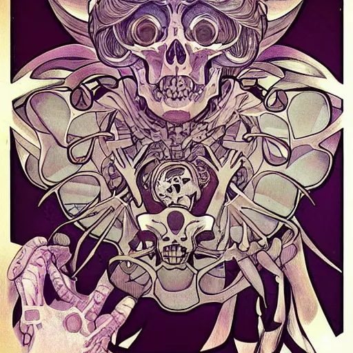 Prompt: anime manga skull portrait face skeleton illustration style by Alphonse Mucha and Hockney comicbook pop art nouveau