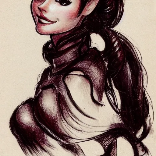 Image similar to milt kahl sketch of victoria justice with done up hair, tendrils and ponytail as princess padme from star wars episode 3