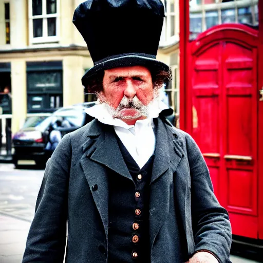 Image similar to 1850s Victorian chimney sweeper walking down the street in London, photo taken with an iPhone, HD