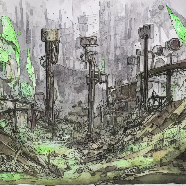 Image similar to a watercolor ink painting of the abandoned and overgrown tunnels of an post-apocalyptic arcology