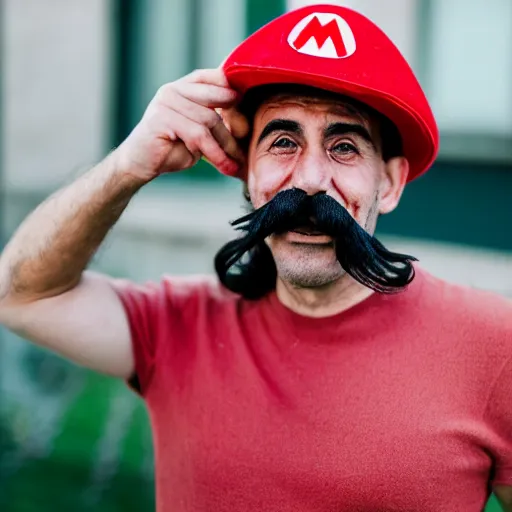 Prompt: an Italian man with a mustache dressed as Mario wearing a solid red Mario hat drooling, eyes rolled back, excited about a Magic Mushroom he just found 50mm lens, f1.8.