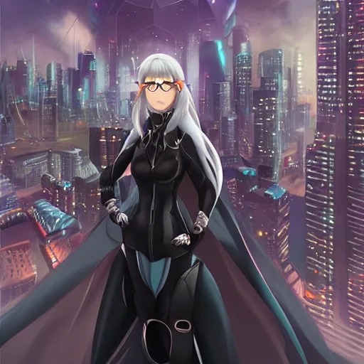 Prompt: portrait of a female anime hero looking over a futuristic city, wearing big black circle glasses, a flowing black cape and diamond armor, art by artgerm, fantasy art