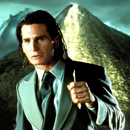 Image similar to film still of patrick bateman at mount doom in the return of the king, hd 4 k lord of the rings remaster director's cut