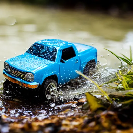 Image similar to macro photography of a toy hot wheels car driving through a creek in the rain, 3 5 mm