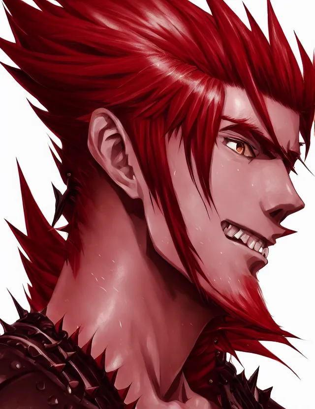 Image similar to a detailed manga portrait of a handsome tall man with spiked crimson hair in fiery crimson crystalline armour, trending on artstation, digital art, 4 k resolution, detailed, high quality, sharp focus, hq artwork, coherent, insane detail, character portrait