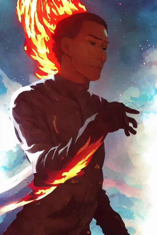 Prompt: the man touched by flames, full shot, pixiv fanbox, cinematic light, anime style, graphic novel by fiona staples and dustin nguyen, peter elson, alan bean, wangechi mutu, clean cel shaded vector art, trending on artstation
