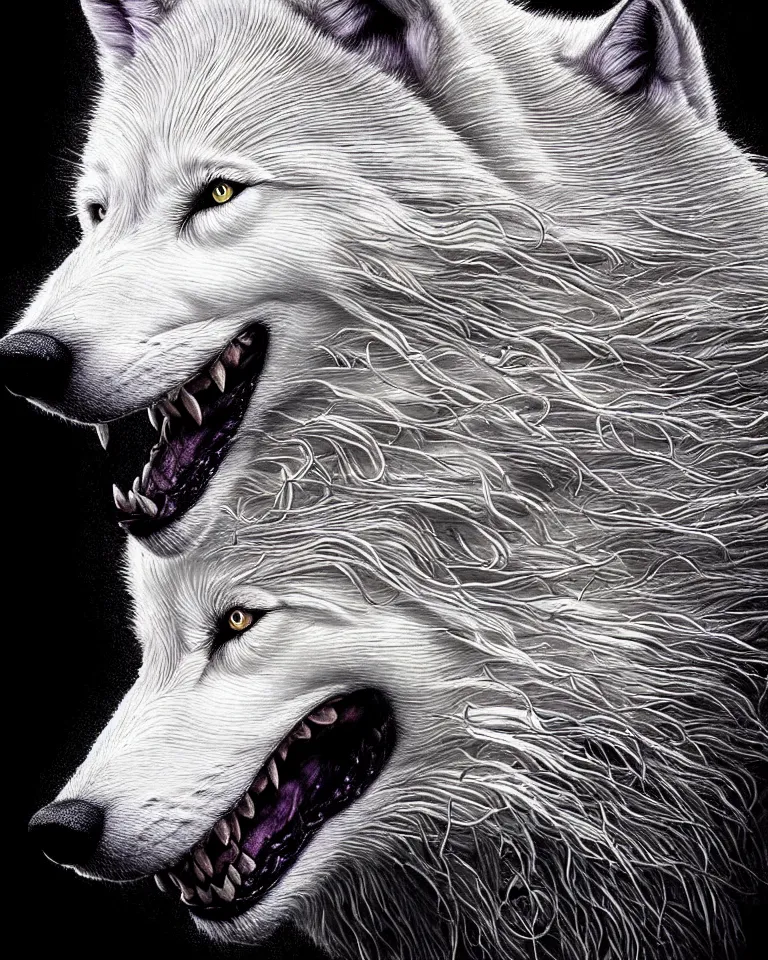 Prompt: ultra realist intricate detailed portrait of a white wolf that growls, insanity, accurate features, apocalyptic, very intricate details, 8 k resolution, dim lighting, volumetric lighting, artstyle, zdzisław beksinski and keith thompson, award winning