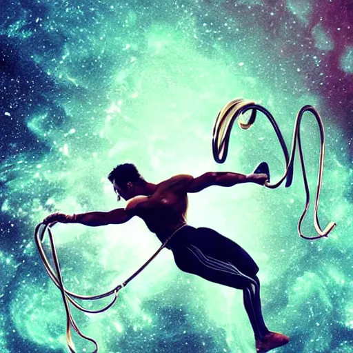 Image similar to athletic man doing a pullup using gymnastic rings, in a cosmic nebula background, dramatic lighting, dramatic digital art trending on artstation