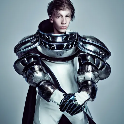 Image similar to a portrait of a beautiful young male wearing an alexander mcqueen armor made of liquid petrol , photographed by andrew thomas huang, artistic