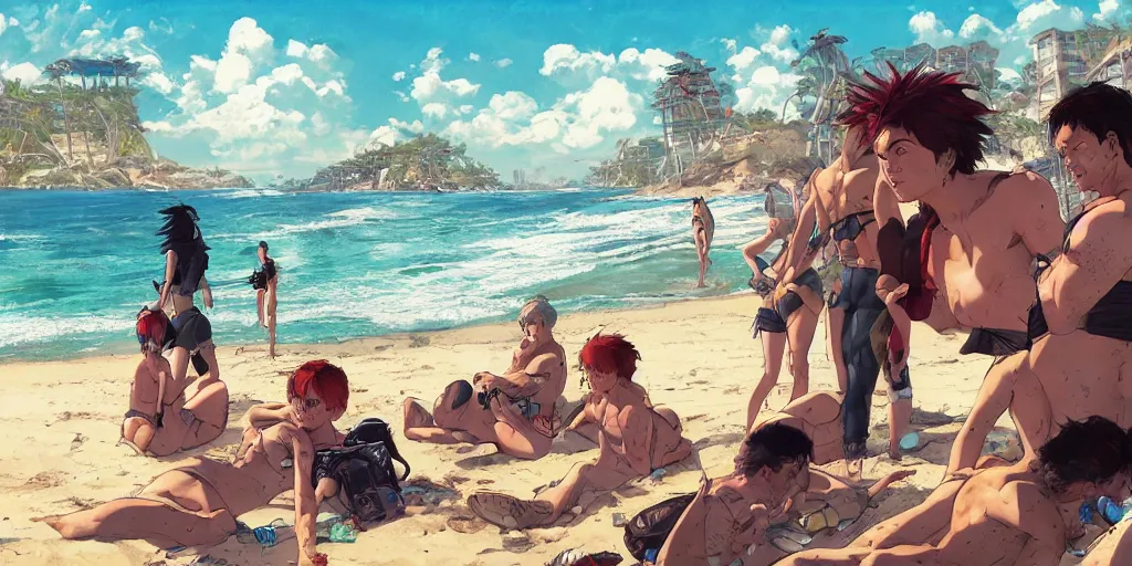 Image similar to Precisely drawn illustration of a small fantasy camp on a beach. Wide angle, Sharp, Fine Details, Anime, Manga, Cyberpunk, realistic shaded lighting, in style of Katsuhiro Otomo, Ghost in the Shell, Magali Villeneuve, Artgerm, Rutkowski, Jeremy Lipkin, Giuseppe Dangelico Pino, Michael Garmash and Rob Rey