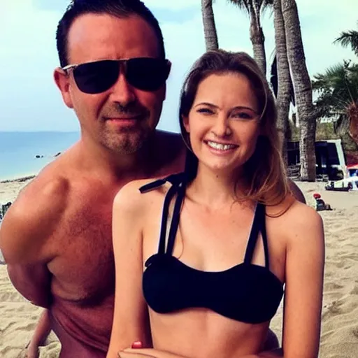 Image similar to photo of a 4 0 year old man that looks young for his age dating a very attractive 2 2 year old woman wearing a bikini. they are at a high end club.