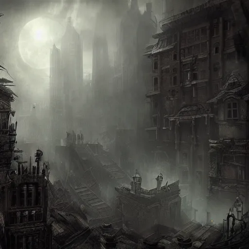 a dark steampunk city ruins, concept art, epic, fog, | Stable Diffusion