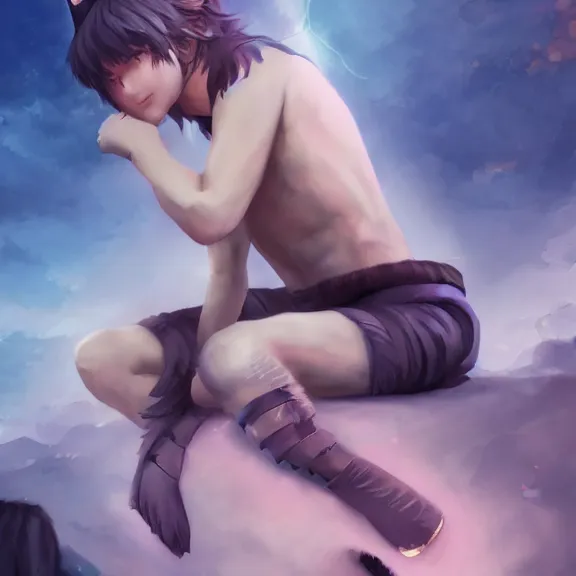 Prompt: boy with cat ears and tail resting, full body, blushing, short smile, hair covering, fantasy painting, cinematic lightning, highly detailed, trending on Artstation, Unreal Engine 4k, watercolour, pastel, very very very very very very very very beautiful.