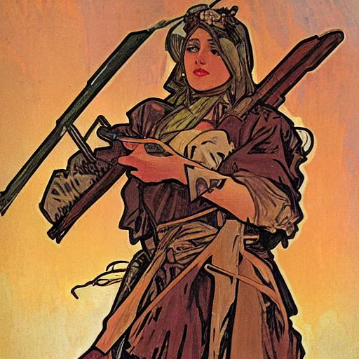 Image similar to postapocalyptic warrior, painted by alphonse mucha