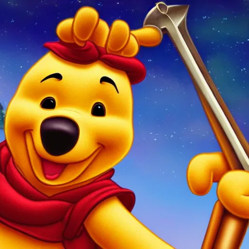 Image similar to Winnie the Pooh holding a giant sword, hd, intricate, Kingdom Hearts, 8k, digital art