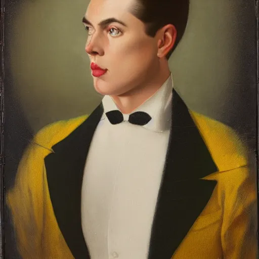 Image similar to full body portrait of a young handsome melancholic male model with slicked back red hair, a symmetrical clean - shaven face and white eyes, wearing a white tuxedo jacket with a yellow popper flower in its lapel, symmetry, reflection, mirrors, myth of narcissus, perfectly symmetrical composition, rule of thirds