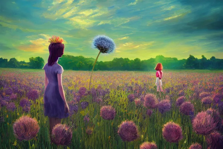 Image similar to giant thistle flower head, girl in suit in field of flowers, surreal photography, sunrise, blue sky, dramatic light, impressionist painting, digital painting, artstation, simon stalenhag