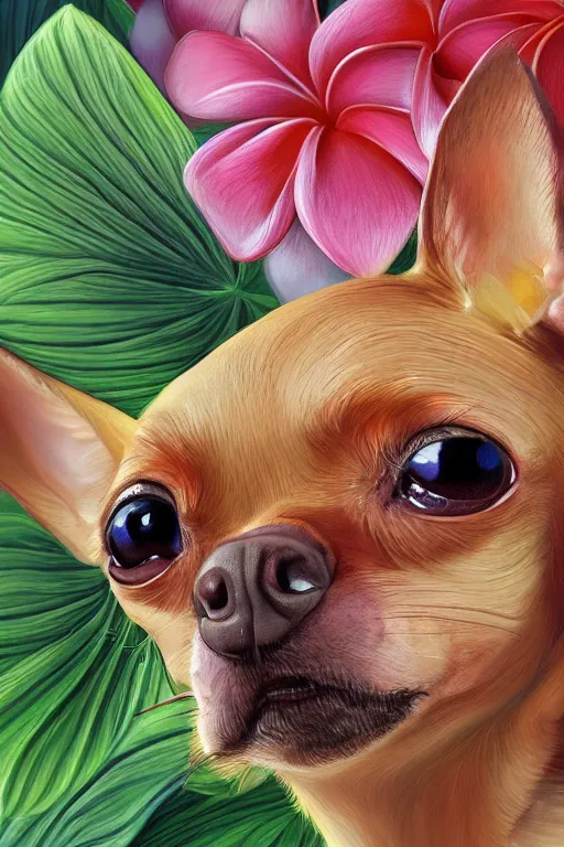 Image similar to ultra realistic illustration, portrait of a tan chihuahua plumeria tropical bouquet background, close up shot, fantasy, intricate, elegant, highly detailed, digital painting, artstation, concept art, smooth, sharp focus, illustration, surrealism