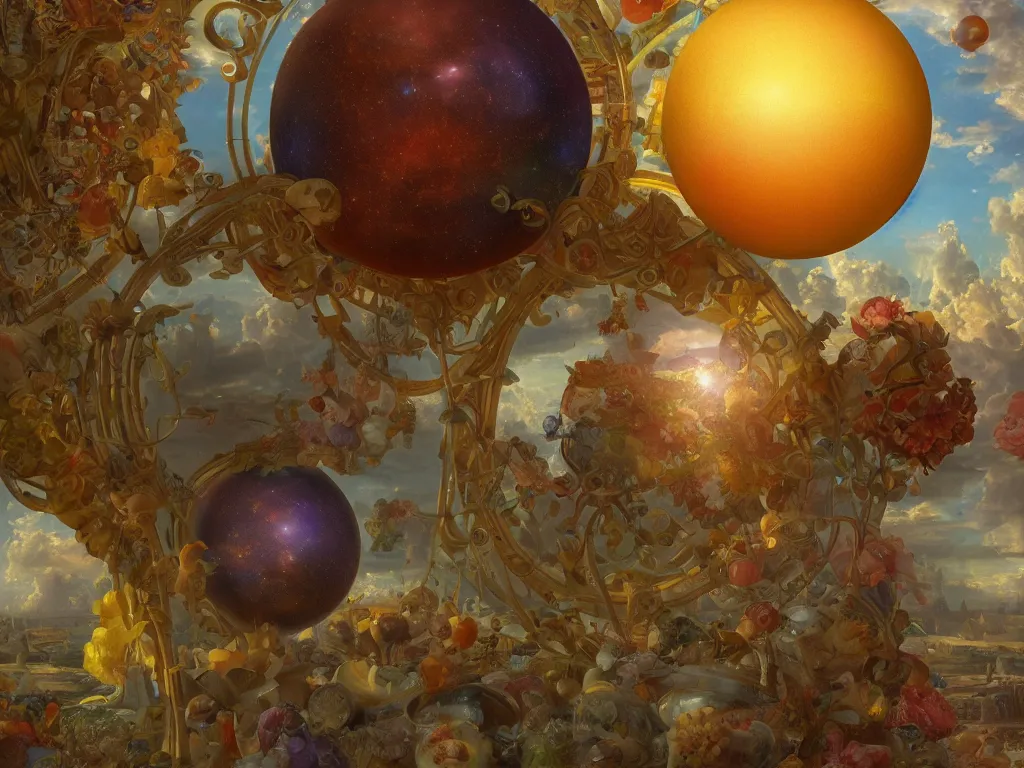 Image similar to 3 d render, sunlight study, the universe is a spheroid region 7 0 5 meters in diameter, art nouveau, by jan davidz de heem and ( ( ( ( ( lisa frank ) ) ) ) ), 8 k, sharp focus, octane render