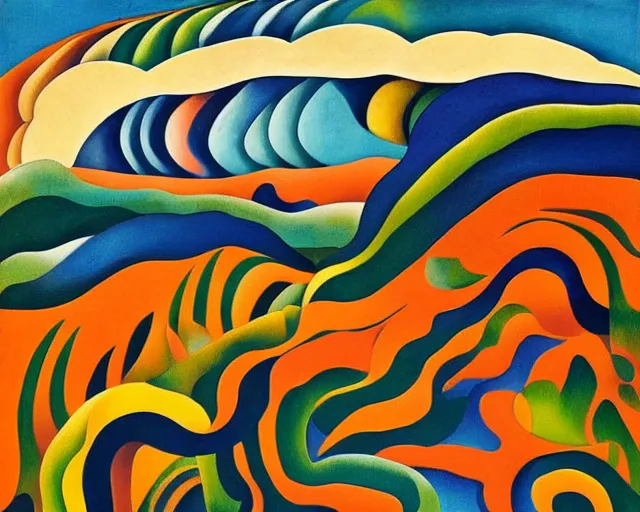 Prompt: An insane, modernist landscape painting. Wild energy patterns rippling in all directions. Curves, organic, zig-zags. Mountains. Clouds. Rushing water. Tarsila do Amaral.