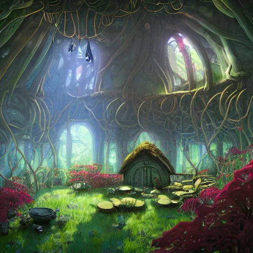 Prompt: concept art painting of a interior of a fungal cozy alien fantasy cottage, with black vines and magenta plants, realistic, detailed, cel shaded, dark, in the style of makoto shinkai and greg rutkowski and james gurney