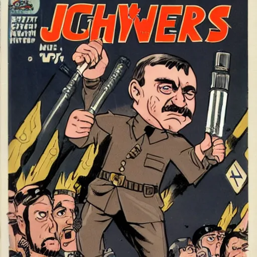 Image similar to comic book of angry jews with lightsabers and adolf hitler accurate eyes high detail