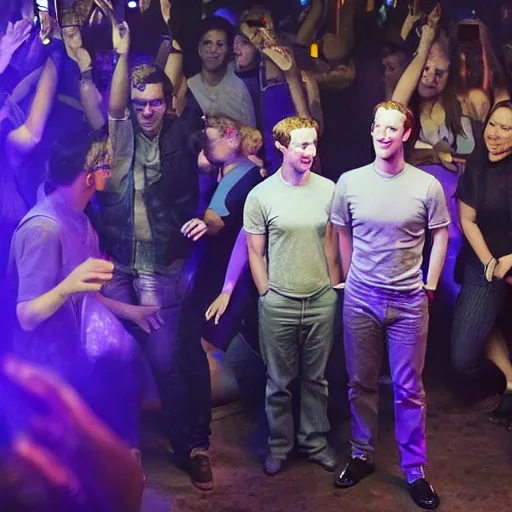 Image similar to mark zuckerberg standing straight in the middle of a club, people are dancing around him, there are toilet seats next to him, very detailed, hyper realistic.