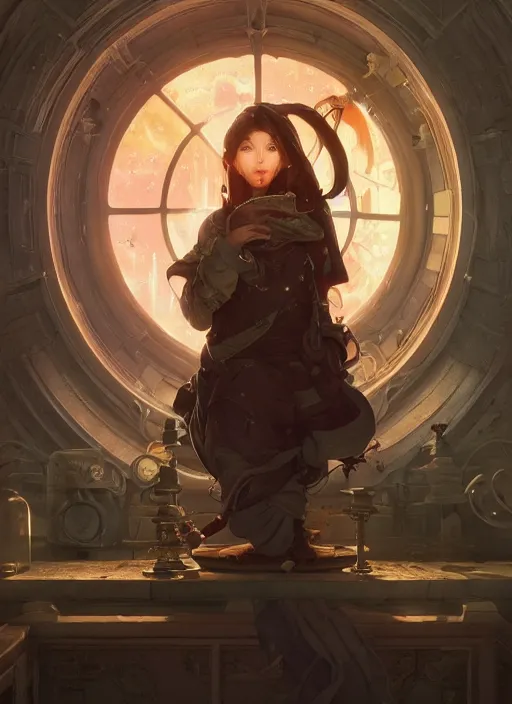 Image similar to highly detailed alchemist by a pill stove, stephen bliss, unreal engine, wuxia art by greg rutkowski, loish, rhads, ferdinand knab, makoto shinkai and lois van baarle, ilya kuvshinov, rossdraws, tom bagshaw, alphonse mucha, global illumination, radiant light, detailed and intricate environment