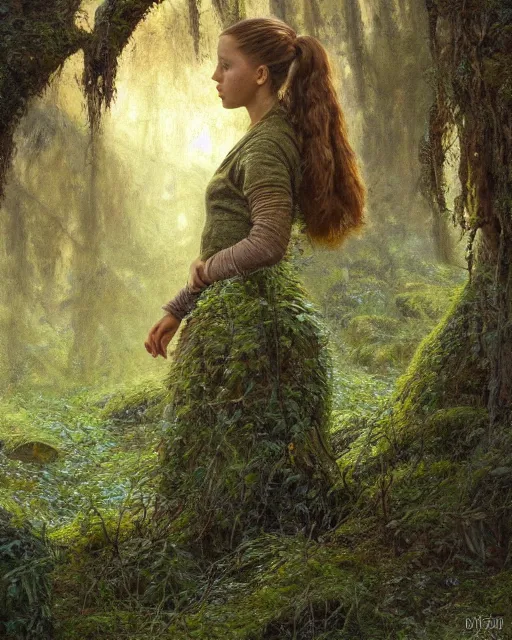 Image similar to a well - lit, realistic oil painting of a girl resembling a young, shy, redheaded irish alicia vikander or millie bobby brown in moss - covered ancient stone ruins at sunset, highly detailed, intricate, concept art, artstation, by donato giancola, ron cobb, and artgerm