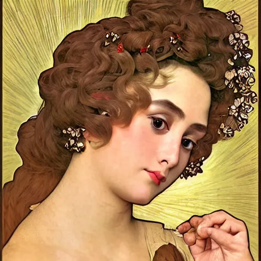 Prompt: vector illustration of a overtanned instagram influenza girl, siliconized lips, doing a make up tutorial, artstation, smooth, sharp focus, art by gustav klimt - alphonse mucha - adolphe bouguereau