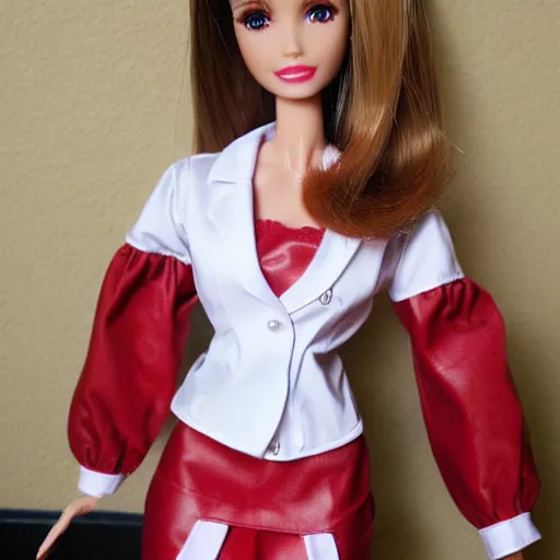 Image similar to anime barbie doll, 5 dolls, doctor suit, playboy, leather, in red velvet stockings, a nurse's dress, full length, heels on her feet