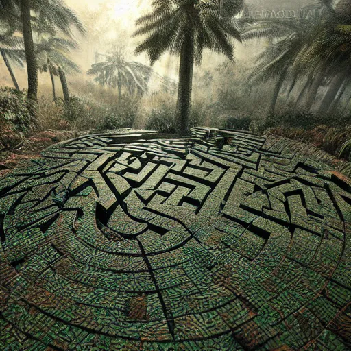 Prompt: : maze pattern sculpture in ancient jungle artstationcgsociety hyper-realistic