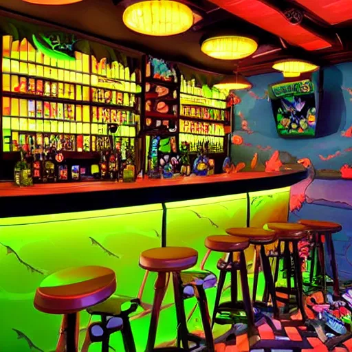 Prompt: cute frog themed bar, pokemon anime scene,