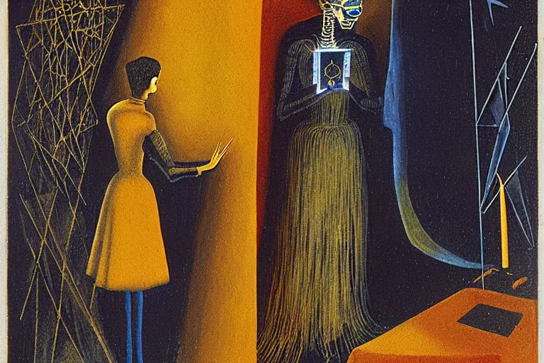 Prompt: a tarot card intricate of a cybernetic technomancer wizard consulting his AI by Remedios Varo