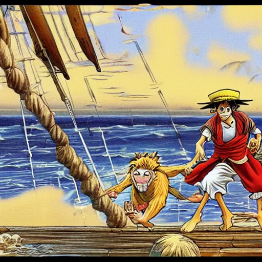 Prompt: guybrush threepwood fighting monkey d. luffy on the sea in their ships, by eiichiro oda, manga, highly detailed 8 k