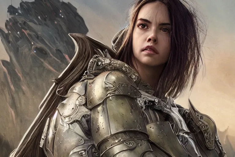 Image similar to a professional portrait of a beautiful young female, clothed in ethereal battle armor, olive skin, long dark hair, beautiful bone structure, symmetrical facial features, vast landscape in the background, intricate, elegant, digital painting, concept art, smooth, sharp focus, finely detailed, illustration, from Valerian and the City of a Thousand Planets, in the style of Ruan Jia and Mandy Jurgens and Artgerm and Greg Rutkowski and William-Adolphe Bouguerea