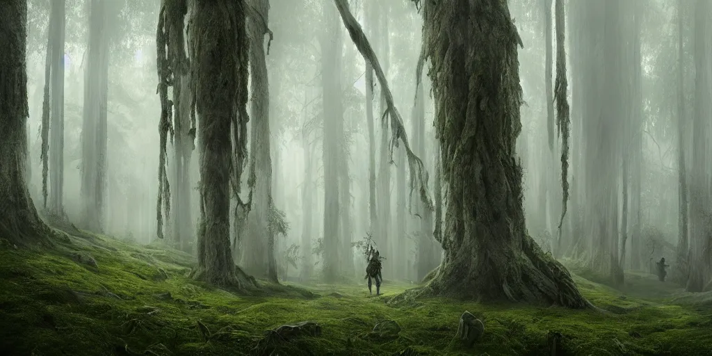 Image similar to beautiful majestic artstation cinematic matte painting of a knight in armour in a foggy forest with giant twisted mossy trees