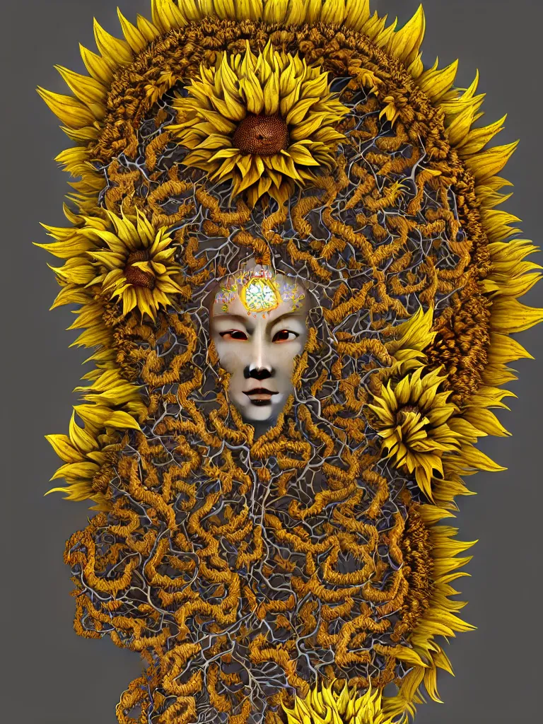 Prompt: symmetrical, centered, chinese goddess close-up portrait wigh crown made of sunflowers. leaves, vines, phoenix, bioluminiscent creature, super intricate ornaments artwork by Tooth Wu and wlop and beeple. octane render, trending on artstation, greg rutkowski very coherent symmetrical artwork. cinematic counter light, high detail, octane render, 4k, vibrant