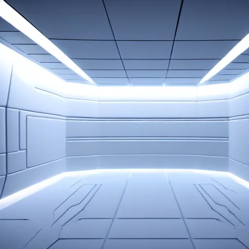 Image similar to a white room 1 2 ft long x 1 0 ft wide x 8 ft tall, geometrically perfect, clean and empty, sci fi spaceship futuristic paneling unreal engine, general studio lighting, 8 k,