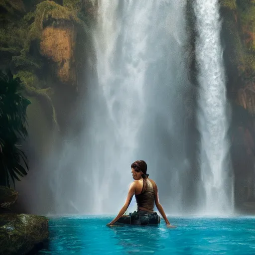 Prompt: Still of Lara Croft in the movie Indiana Jones, under a waterfall, cinematic lighting, bokeh, 4k