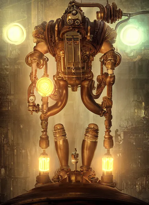 Image similar to steampunk bioshock donald trump is a muscular bodybuilder, au naturel, hyper detailed, digital art, trending in artstation, cinematic lighting, studio quality, smooth render, unreal engine 5 rendered, octane rendered, art style by klimt and nixeu and ian sprigger and wlop and krenz cushart.