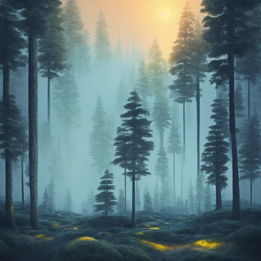 Prompt: surrealist abstract art of one natural path leading to the horizon through giant pine forests down rocky mountains towards a majestic valley during sunset. atmospheric foggy landscape, soft tones, psychedelic, ultra realistic, concept art, modern art, photorealistic, octane render.