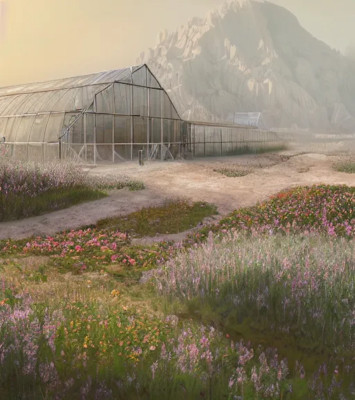 Image similar to a matte painting of a white biroremediation architecture, greenhouse in the mining tailings in the desert, prairie, cottage town, foggy, patchy flowers, oil painting, pale colors, high detail, 8 k, wide angle, trending on artstation, behance