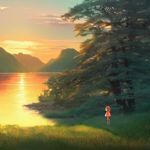 Prompt: a masterpiece detailed beautiful landscape, trees, lake, mountains, golden hour, sunset, a girl listening music, by Makoto Shinkai