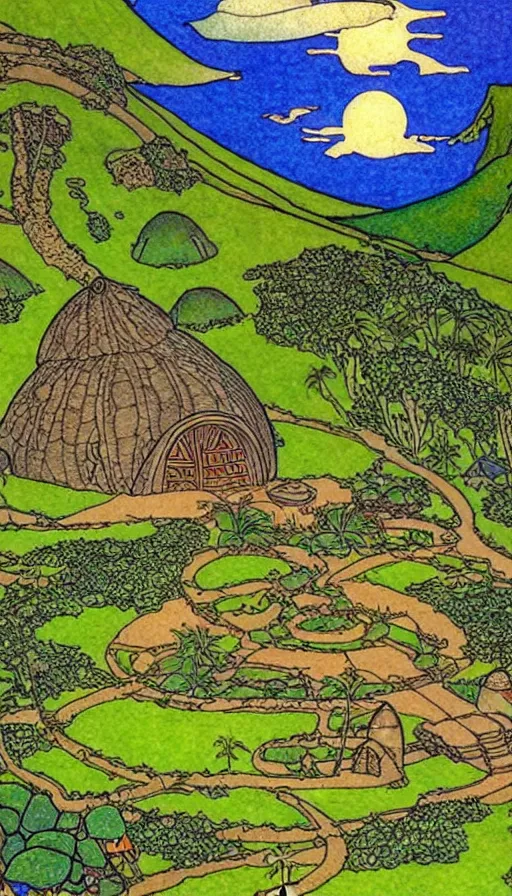 Image similar to hobbit monastery on hawaii, solarpunk, permaculture, by ivan bilibin,