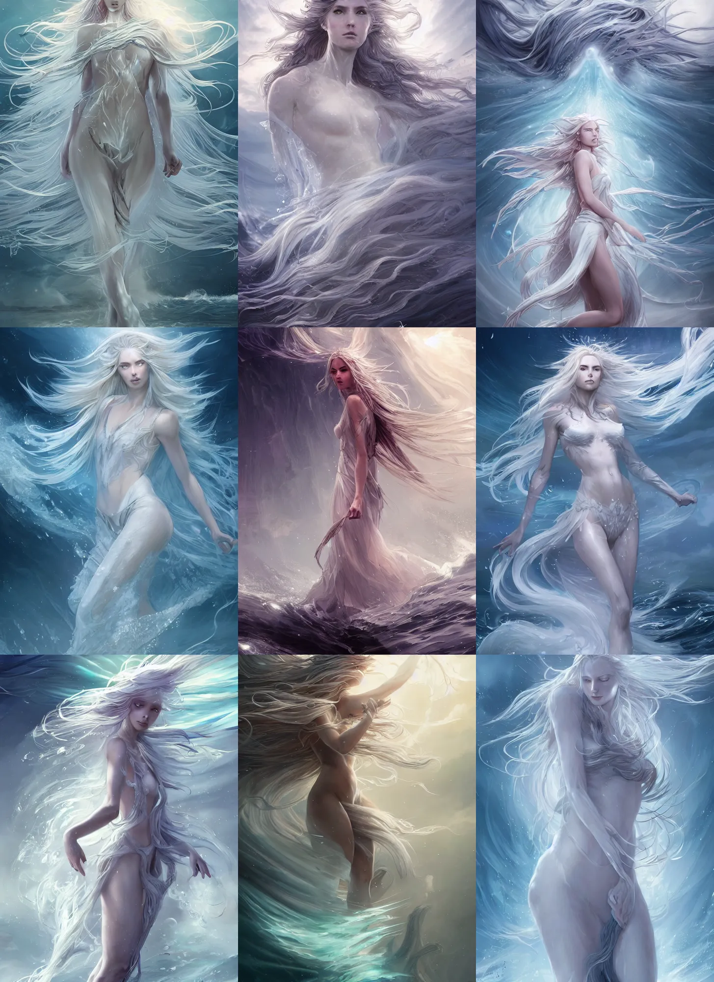 Prompt: majestic goddess made of ice flowing long hair rising from the sea by charlie bowater and wadim kashin, zeen chin and terada katsuya, full body, fractals background, horizontal symmetry, epic scene, epic light, intricate details, extremely detailed, artstation, masterpiece